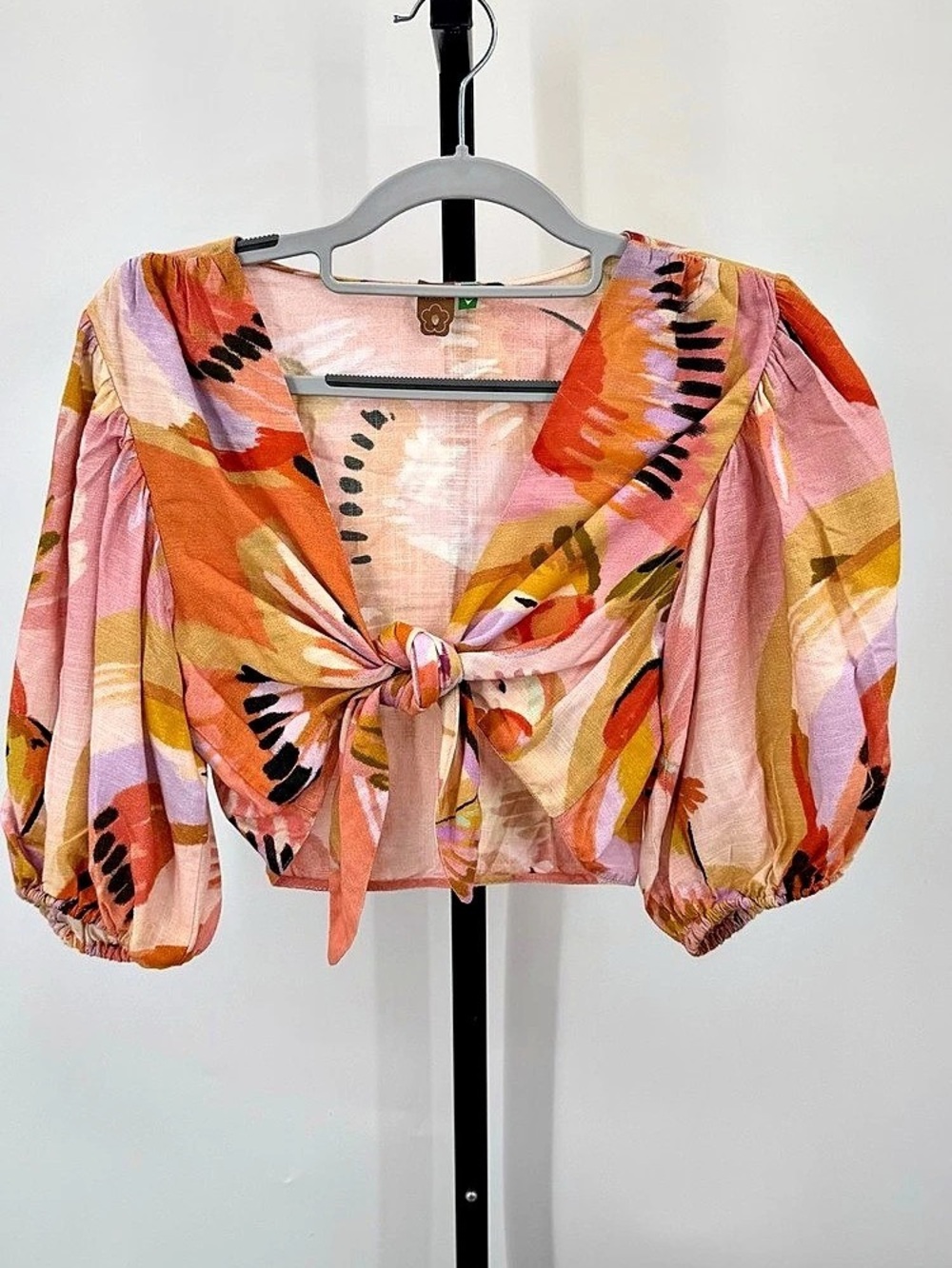 Farm Rio Abstract Tie Front Blouse in Pink & Orange Size Medium